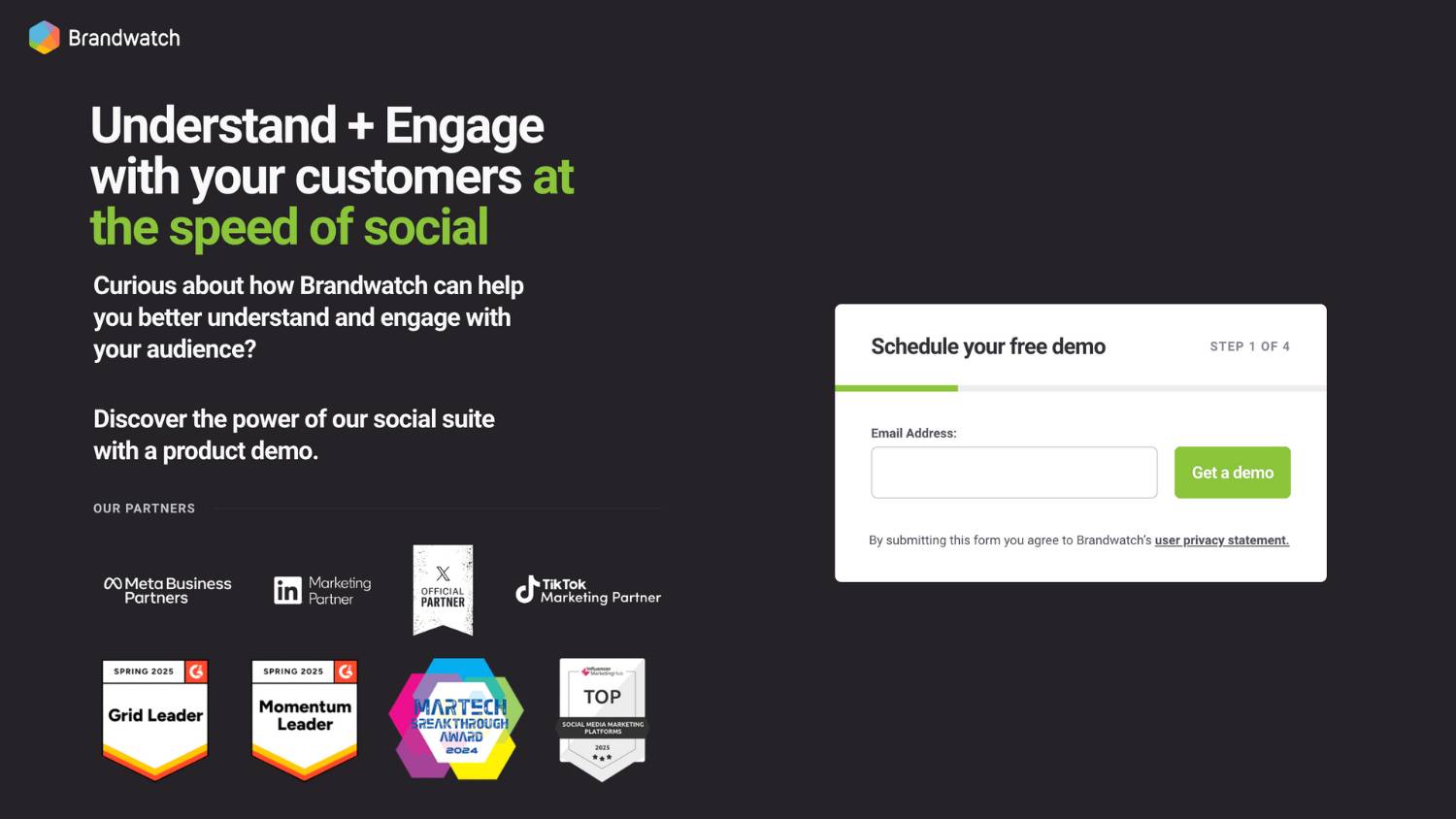 Brandwatch’s landing page invites users to sign up for social audience insights