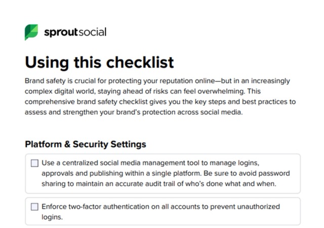 A preview of the social media brand safety checklist PDF.