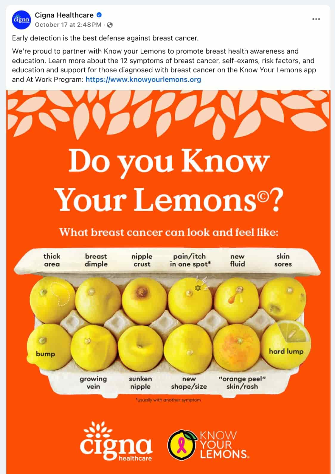 A screenshot of a Facebook post from Cigna Healthcare partnering with Know your Lemons to promote breast health awareness. The caption says "Early detection is the best defense against breast cancer. We’re proud to partner with Know your Lemons to promote breast health awareness and education. Learn more about the 12 symptoms of breast cancer, self-exams, risk factors, and education and support for those diagnosed with breast cancer on the Know Your Lemons app and At Work Program: https://www.knowyourlemons.org"