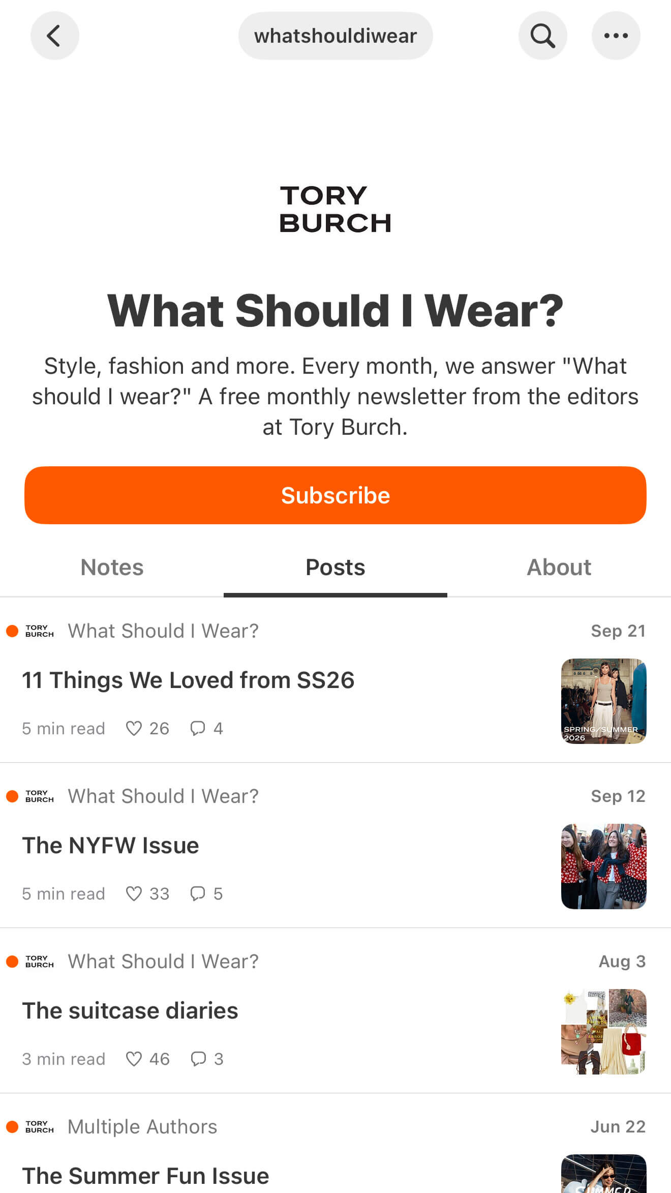 A profile post feed for Tory Burch that shows titles like “The Summer Fun Issue” 