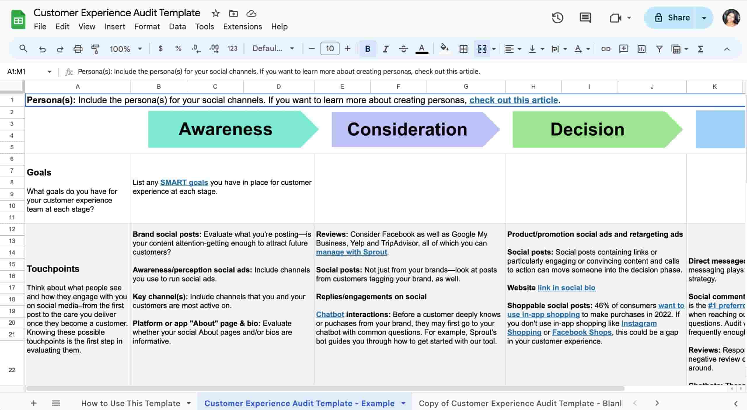 The customer experience audit template set up in Google Sheets.