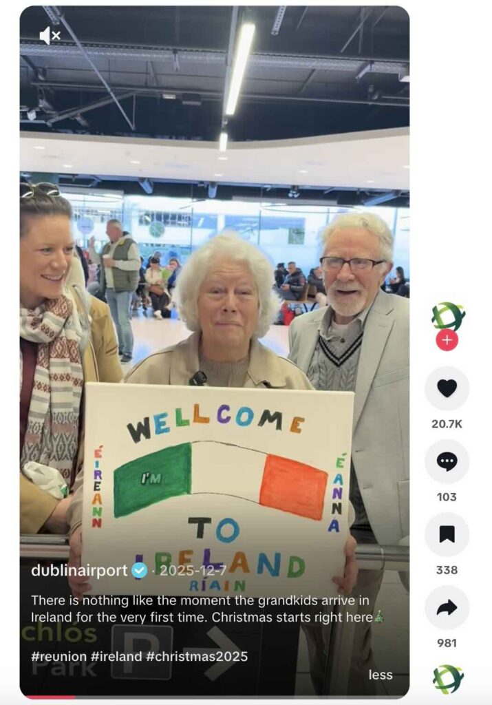 A TikTok post showcasing a family waiting to welcome their young family home from Australia at Dublin Airport