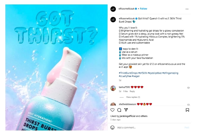 Instagram post of Elf's skin hydration product
