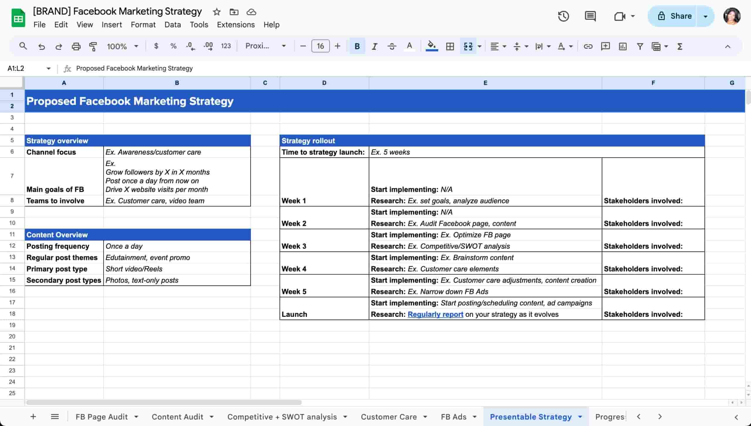 The Facebook marketing strategy template set up in Google Sheets.