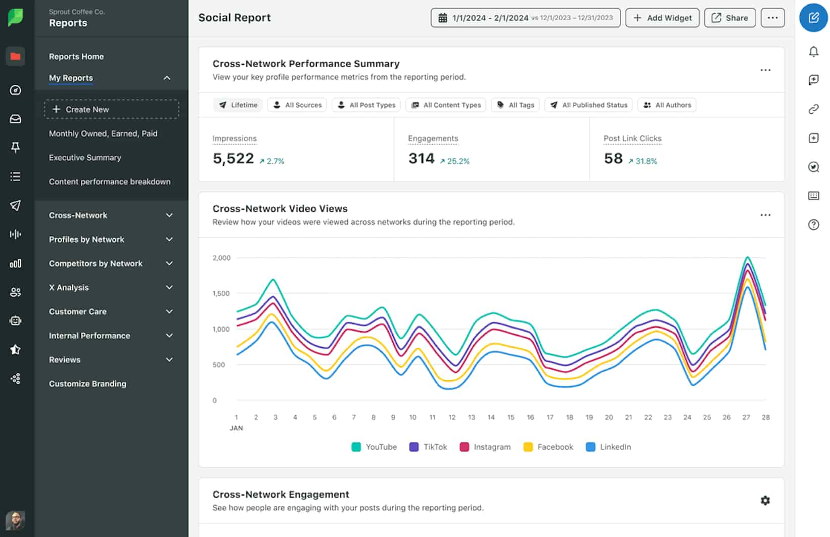 Sprout interface for cross-network video views, showing a line graph for YouTube, TikTok and other networks