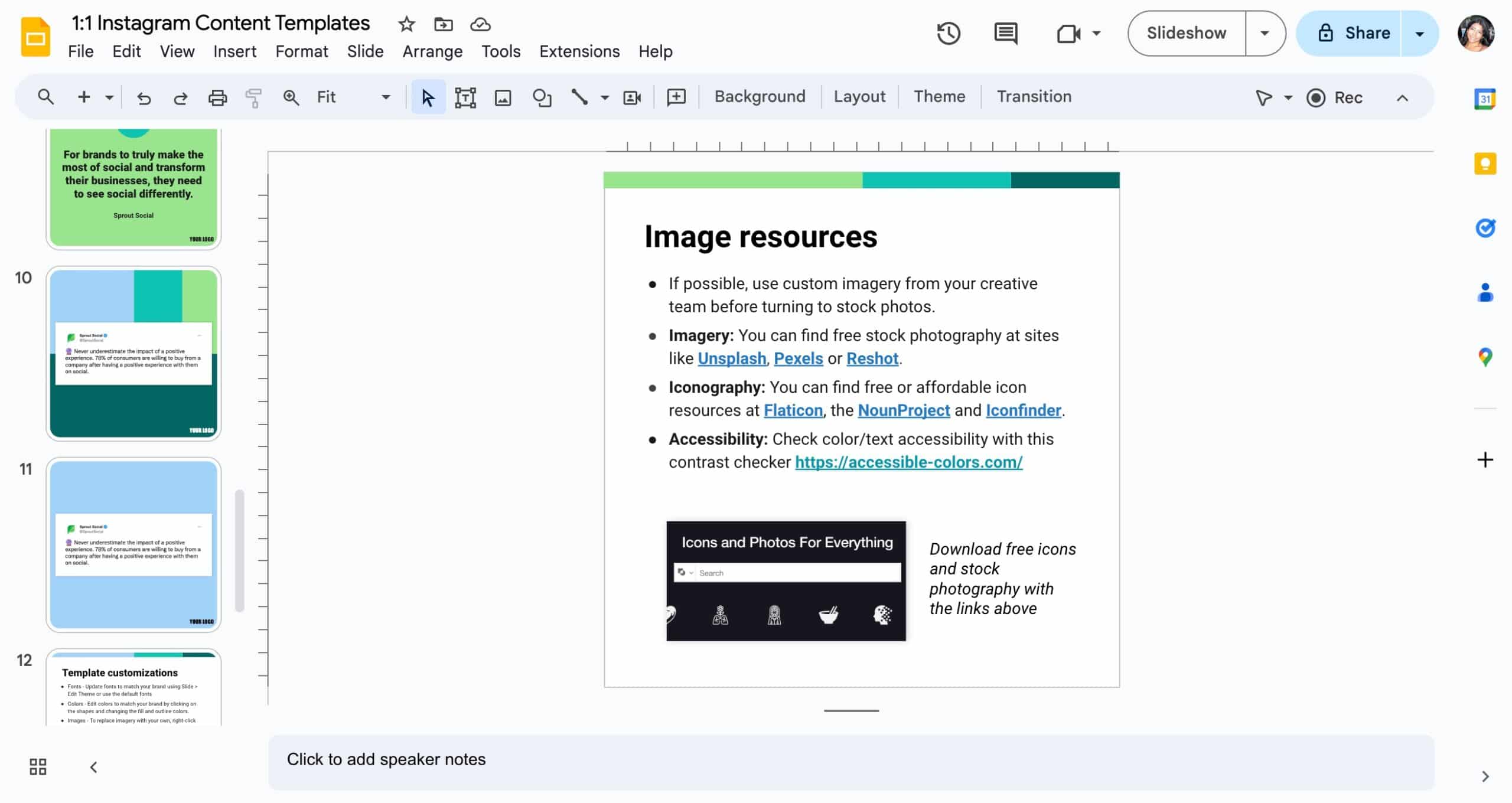 The Instagram post templates open in Google Slides.