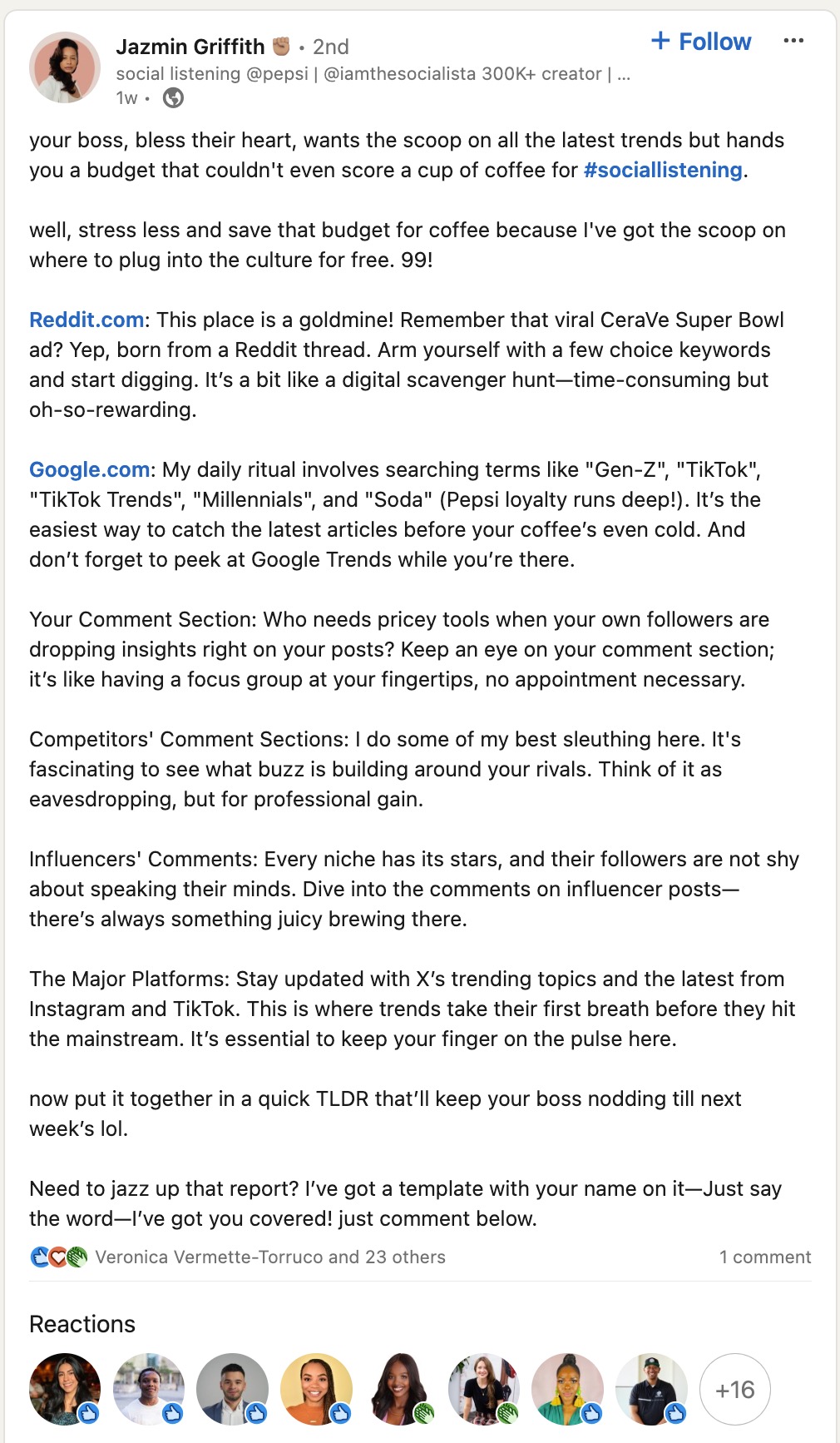 A LinkedIn post from Jazmin Griffith. The post breaks down her favorite sources of social listening insights, which include Reddit, Google, the comment sections of popular posts from brands and influencers and news from social media platforms.