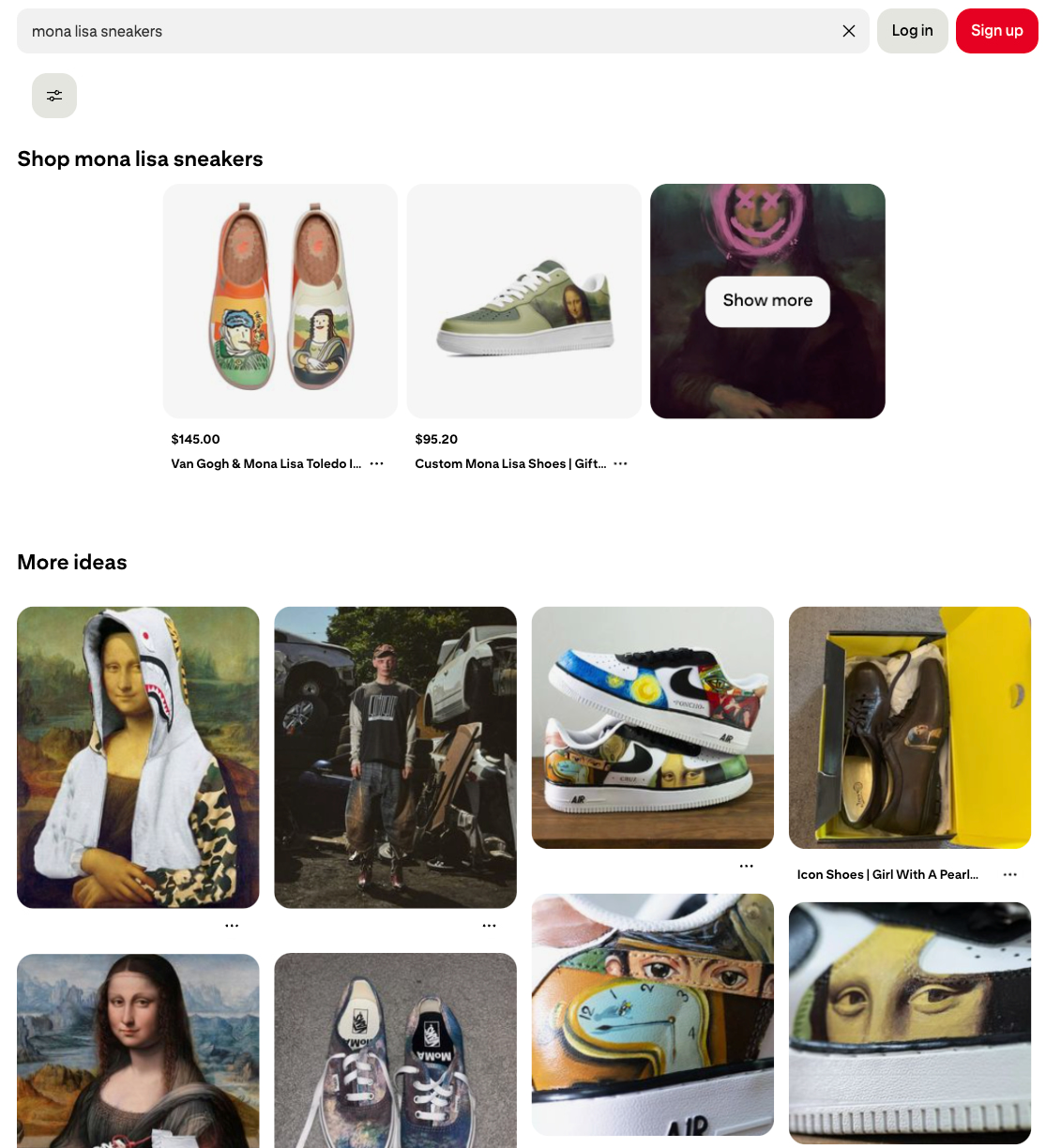 A search for “Mona Lisa sneakers” shows different custom-painted shoes in Pinterest.