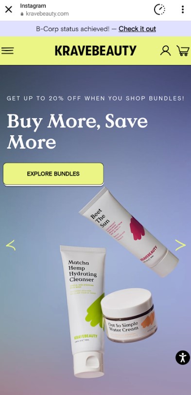 Screenshot of an in-app-opened link from Krave Beauty's SproutLink. It opened directly to the desired landing page affiliated with the post.