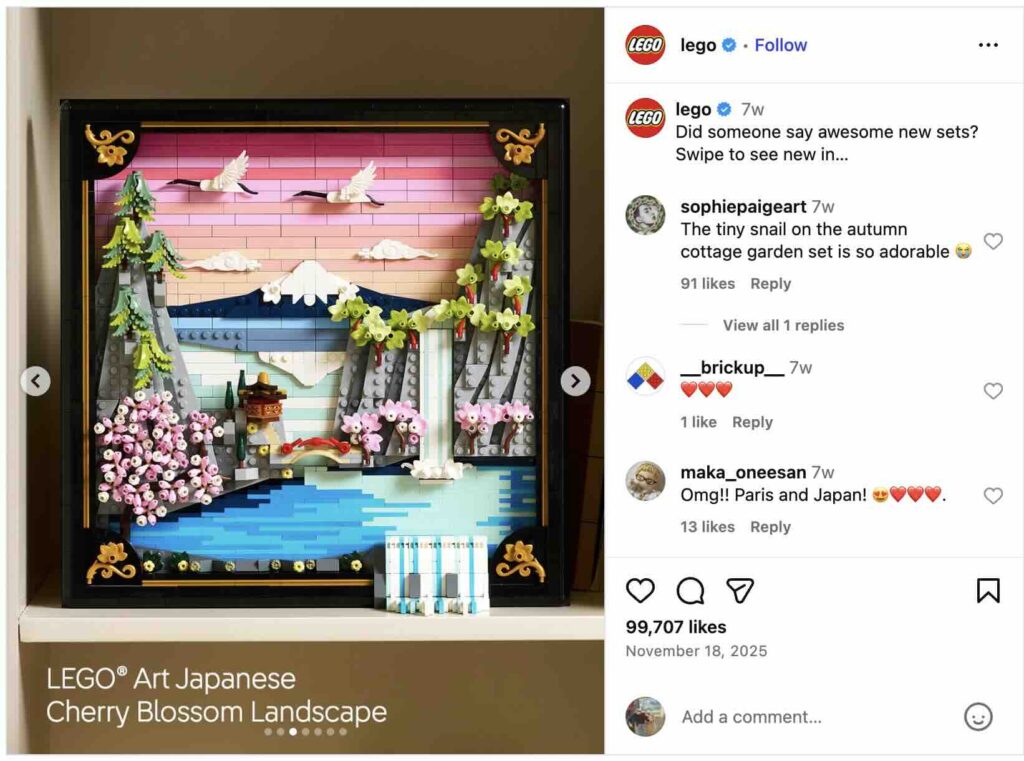 An Instagram carousel showcasing some of LEGO's new releases, including a Parisian cityscape and a Japanese cherry blossom landscape