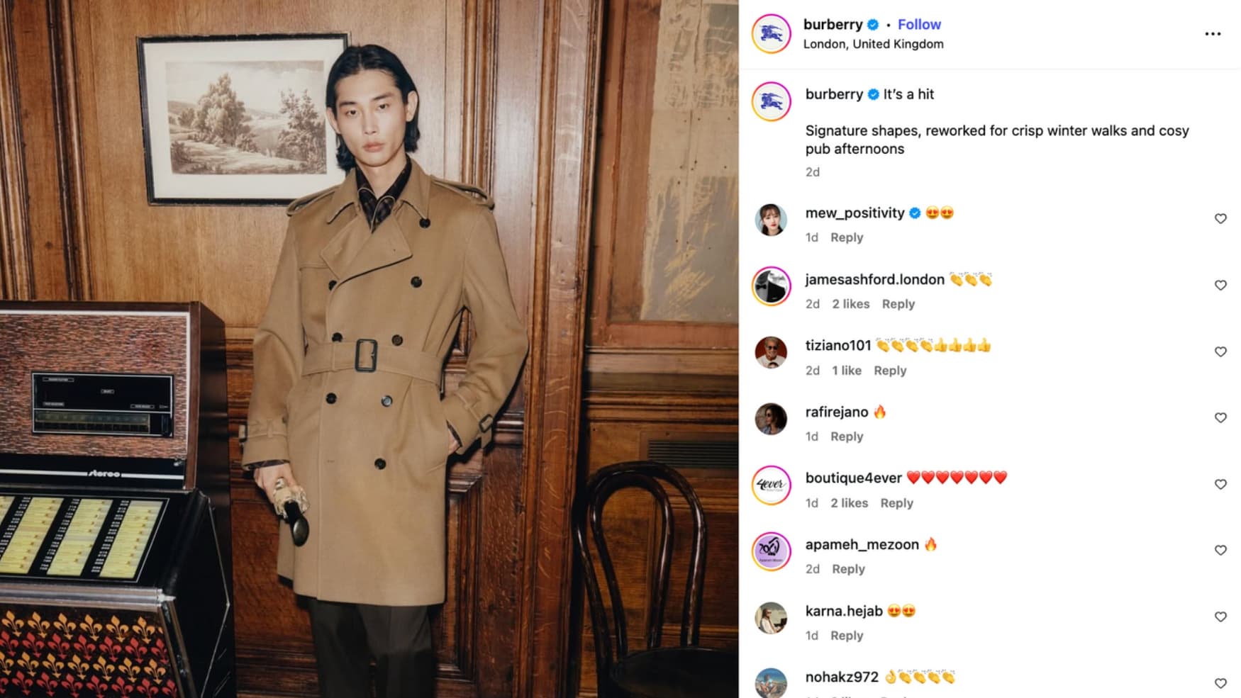 Burberry Instagram post shows a model in a trench coat that uses an updated design of Burberry’s signature style