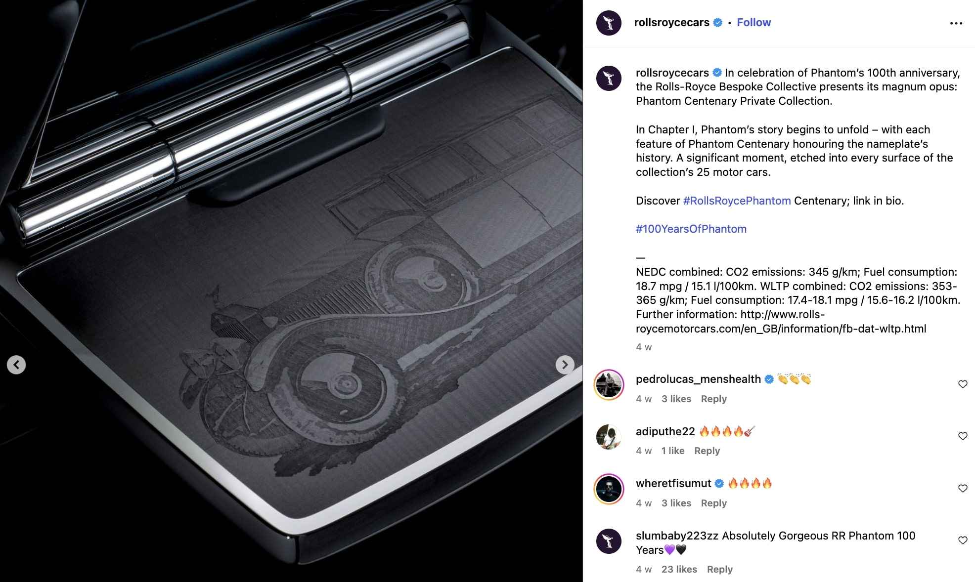 Close-up of a Rolls-Royce Phantom Centenary detail, showing engraved glove box artwork