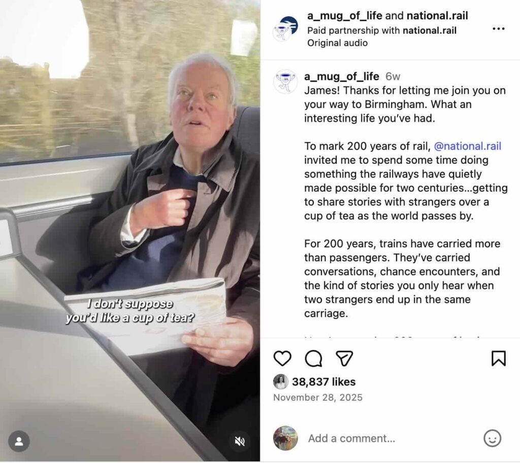 An Instagram post from National Rail showing a content creator offering a fellow passenger a cup of tea and interviewing them about their life.
