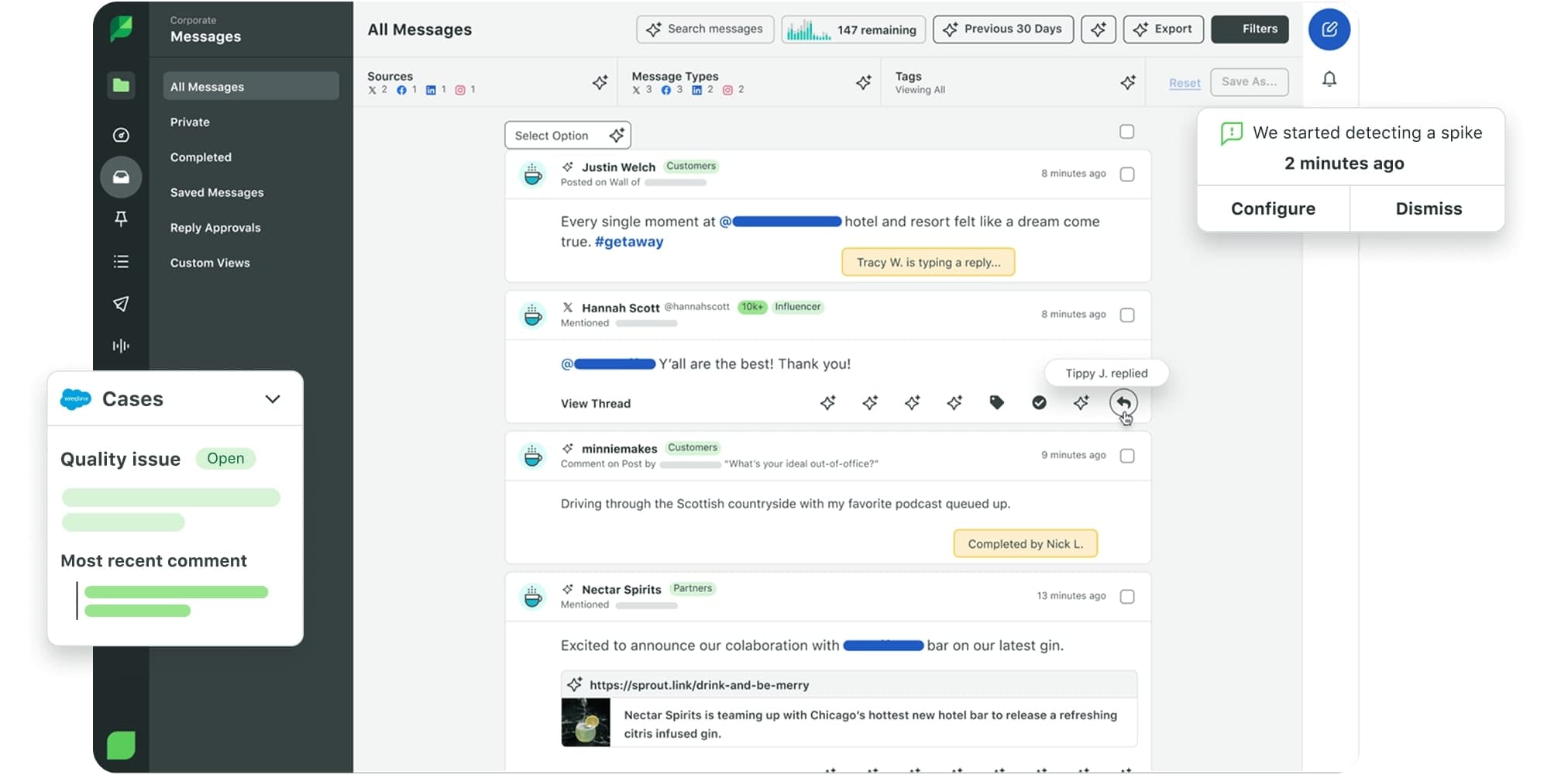 Care by Sprout Social dashboard showing open social customer service cases and a preview of the conversation