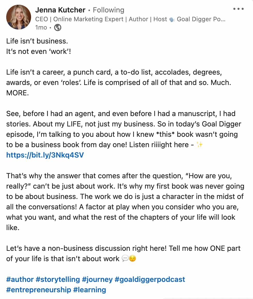 A screenshot of Jenna Kutcher's LinkedIn post. In the post, she shares information about the latest episode of the Goal Digger podcast.