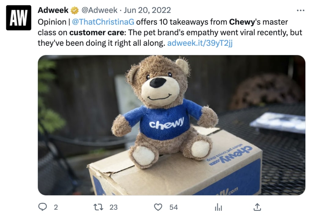 A screenshot of a Tweet by Adweek sharing an article about Chewy's stellar customer care.