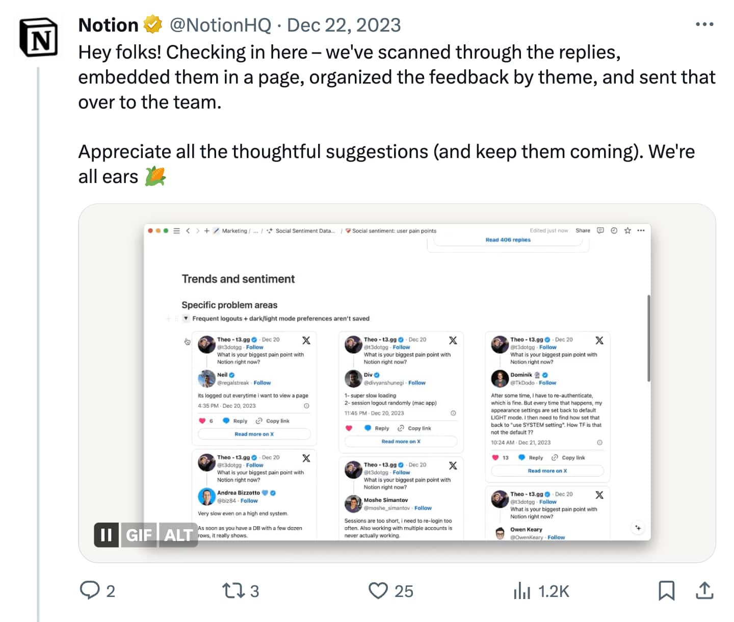 A post showcasing Notion’s reply aggregating customer feedback on the thread.