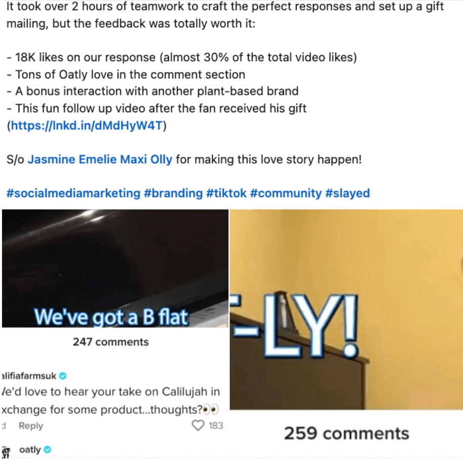 A post of Simon David's funny video about Oatly’s theme song on TikTok where the brand responded quickly in the comments. Their comment earned over 20,000 likes—almost a third of all likes on the video.