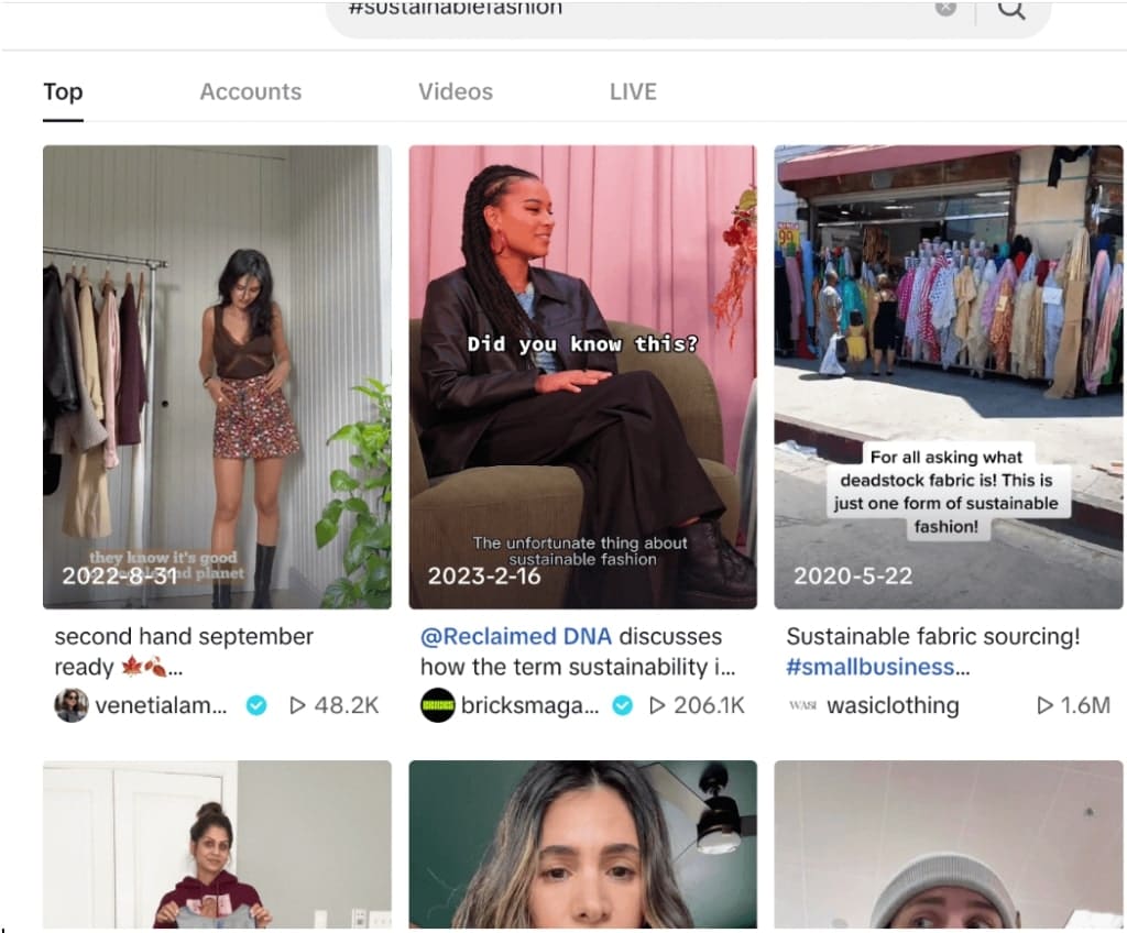 The #sustainablefashion hashtag shows posts from TikTok influencers for people looking for ethical clothing brands.