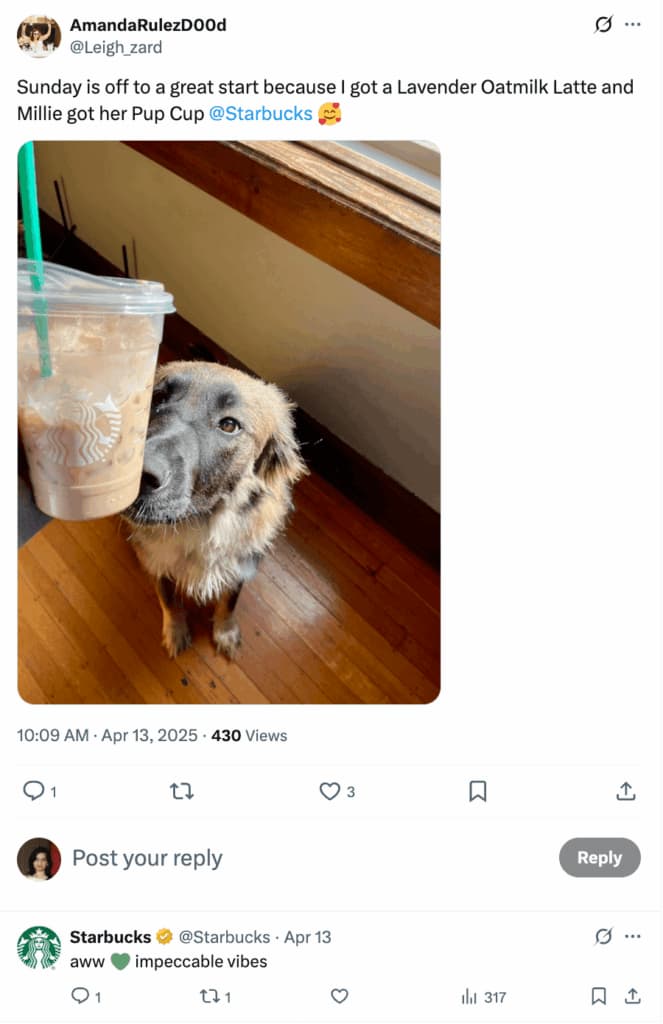 An X post from Starbucks that shows how Starbucks incorporates conversational cues directly from their audience.