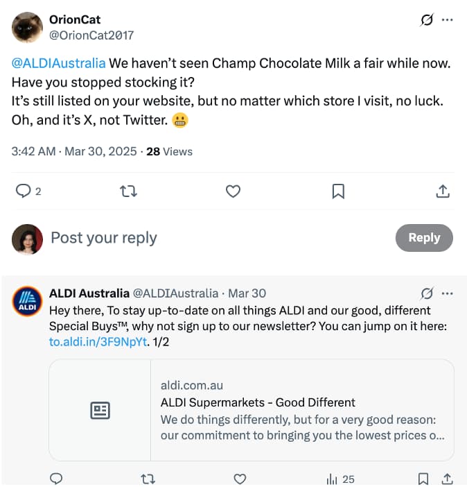 An X post from Aldi Australia that shows how the brand encourages online engagement for efficient assistance and often directs customers to their centralized customer support line and other sources of information, such as newsletters and stock availability forms.
