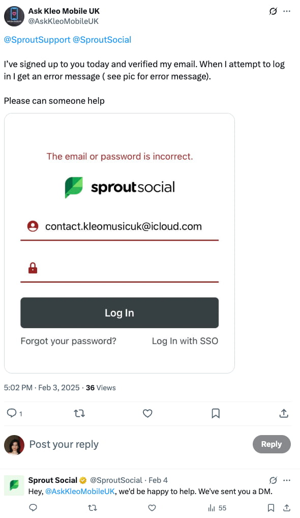 An X post that shows how Sprout responded to a customer query.