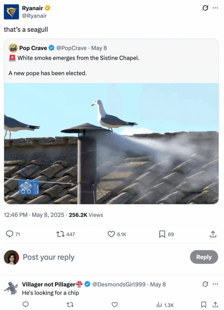 An X post from RyanAir showing their flair for social media engagement by using trending current affairs.