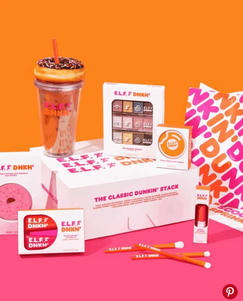 A Pinterest pin showing Dunkin Donuts their donut-themed line of cosmetics from makeup company E.L.F Cosmetics.