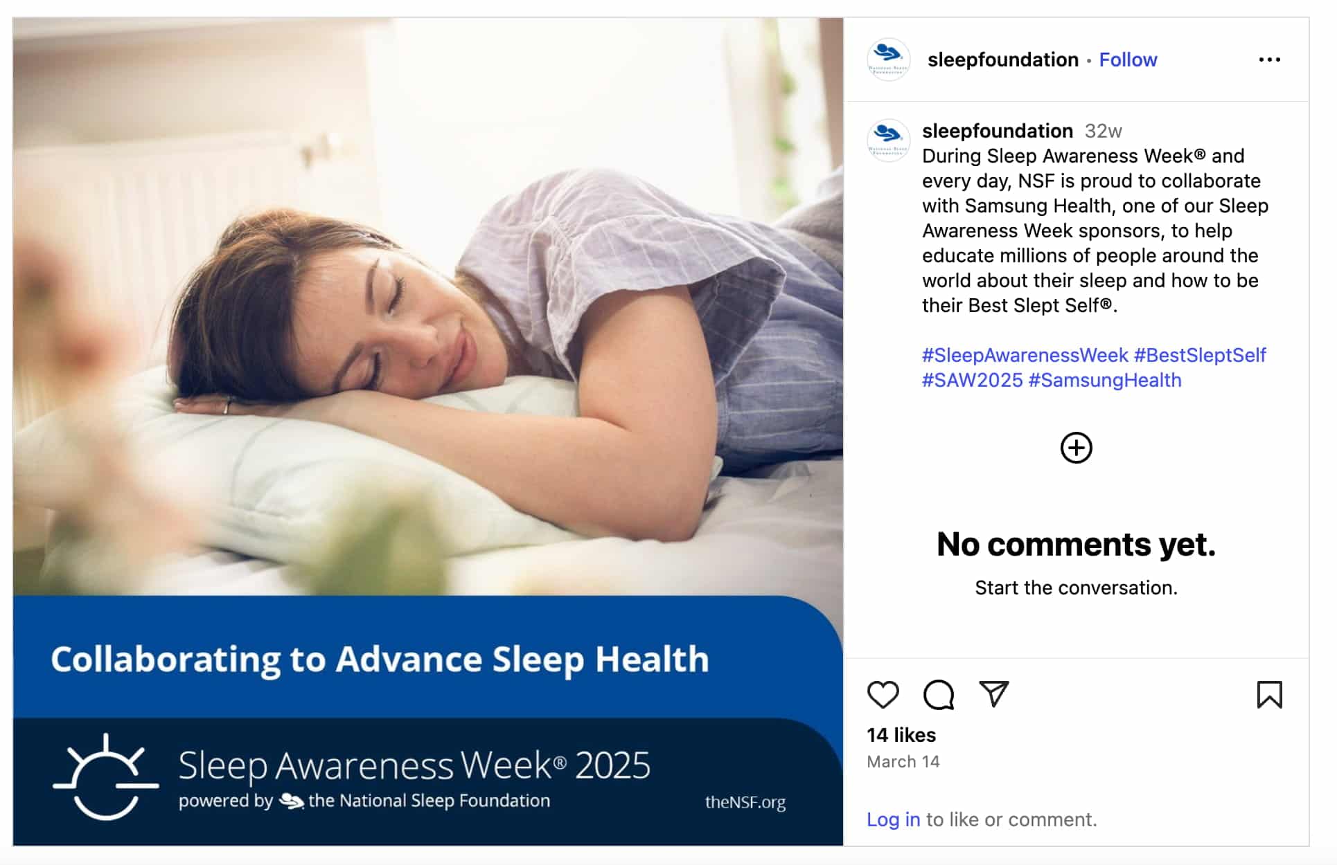 A screenshot of an Instagram post from Sleep Foundation celebrating #SleepAwarenessWeek. The caption says "During Sleep Awareness Week® and every day, NSF is proud to collaborate with Samsung Health, one of our Sleep Awareness Week sponsors, to help educate millions of people around the world about their sleep and how to be their Best Slept Self®."