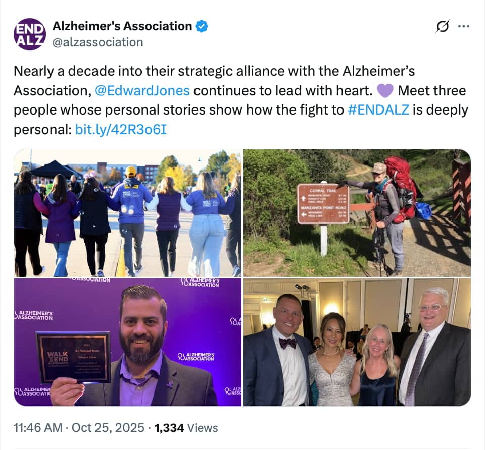 A screenshot of an X post from Alzheimer's Association. The post caption says, "Nearly a decade into their strategic alliance with the Alzheimer’s Association, @EdwardJones continues to lead with heart. 💜 Meet three people whose personal stories show how the fight to #ENDALZ is deeply personal"