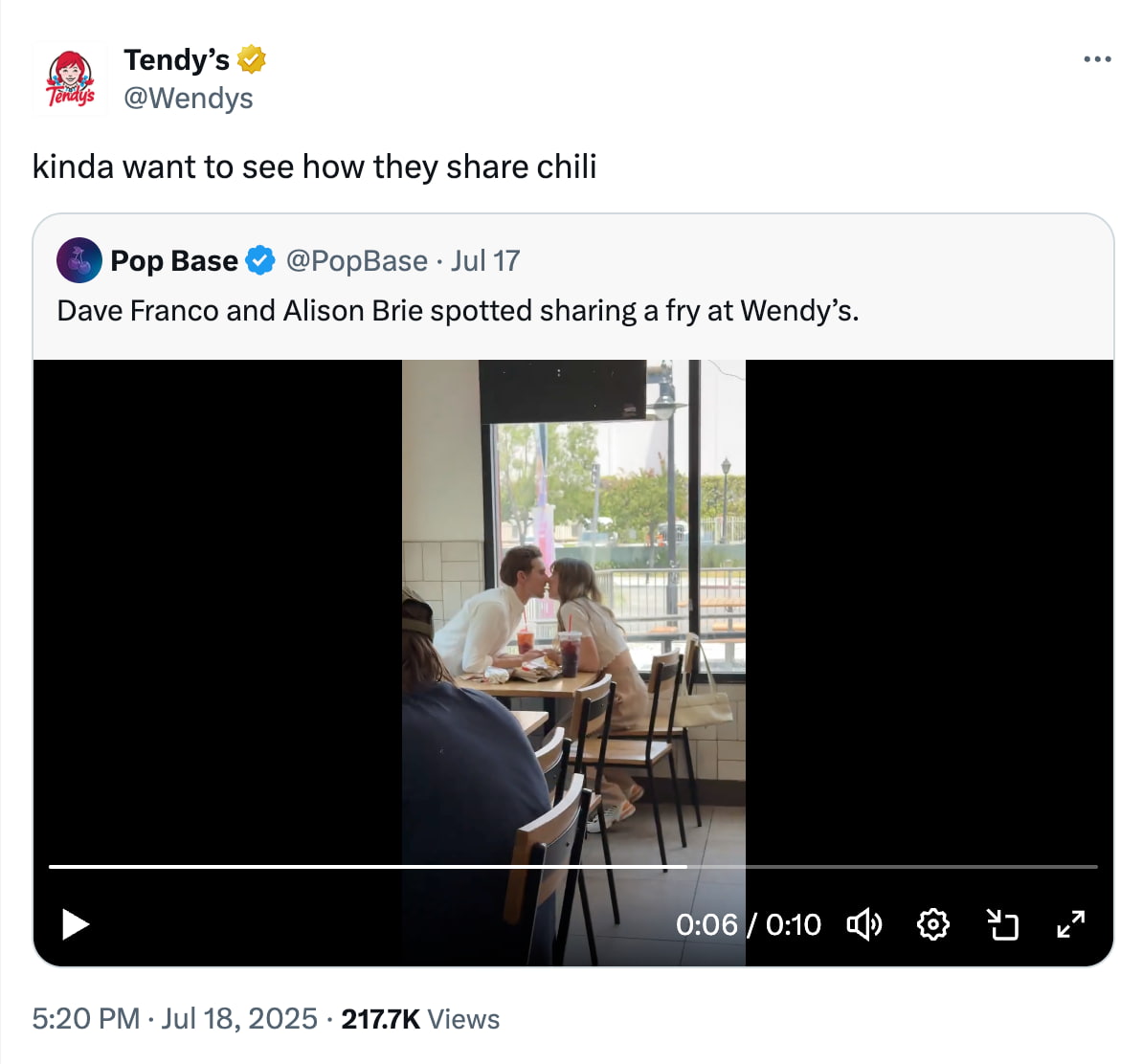 Wendy's X post resharing a video of Dave Franco and Alison Brie sharing fries at Wendy's. The caption says "kinda want to see how they share chili"