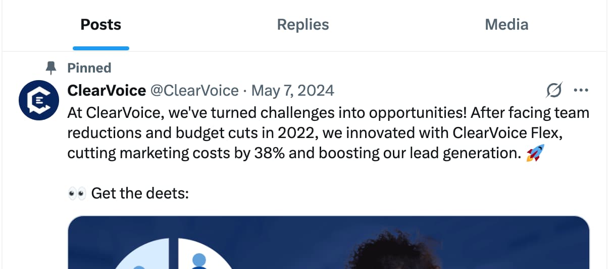 Screenshot of the brand ClearVoice's pinned X post on their X profile