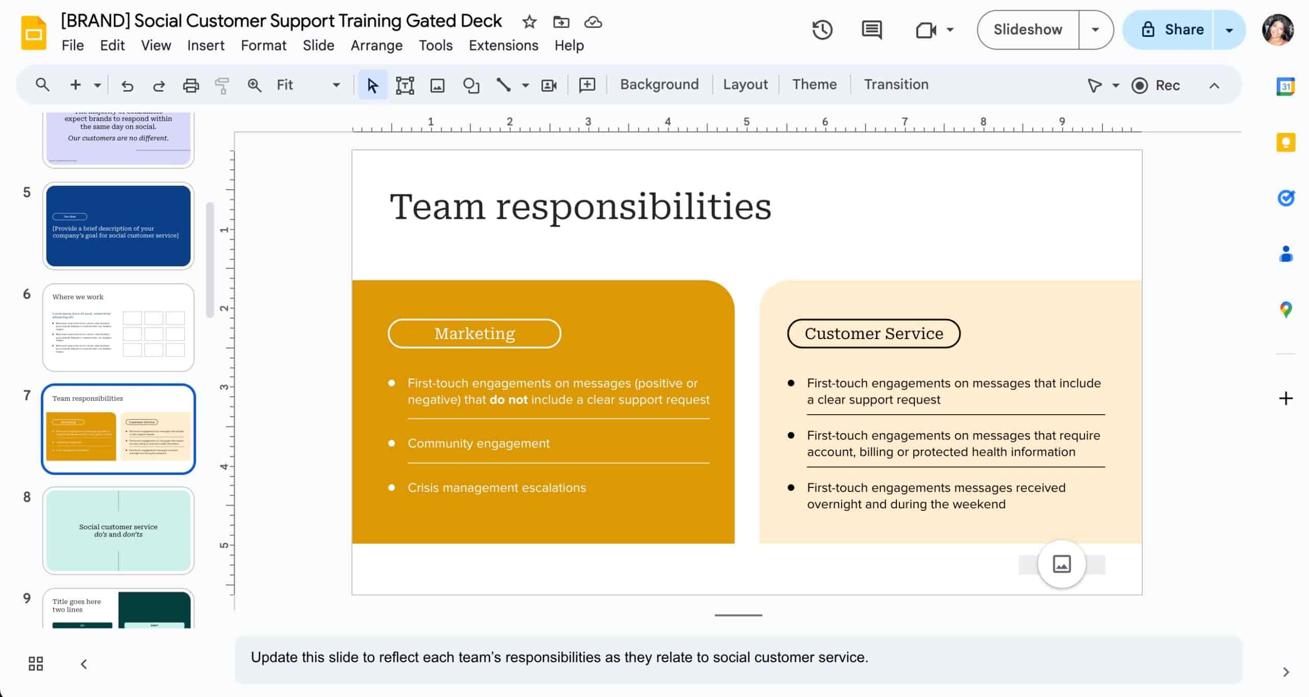 The social customer service training deck set up in Google Slides.