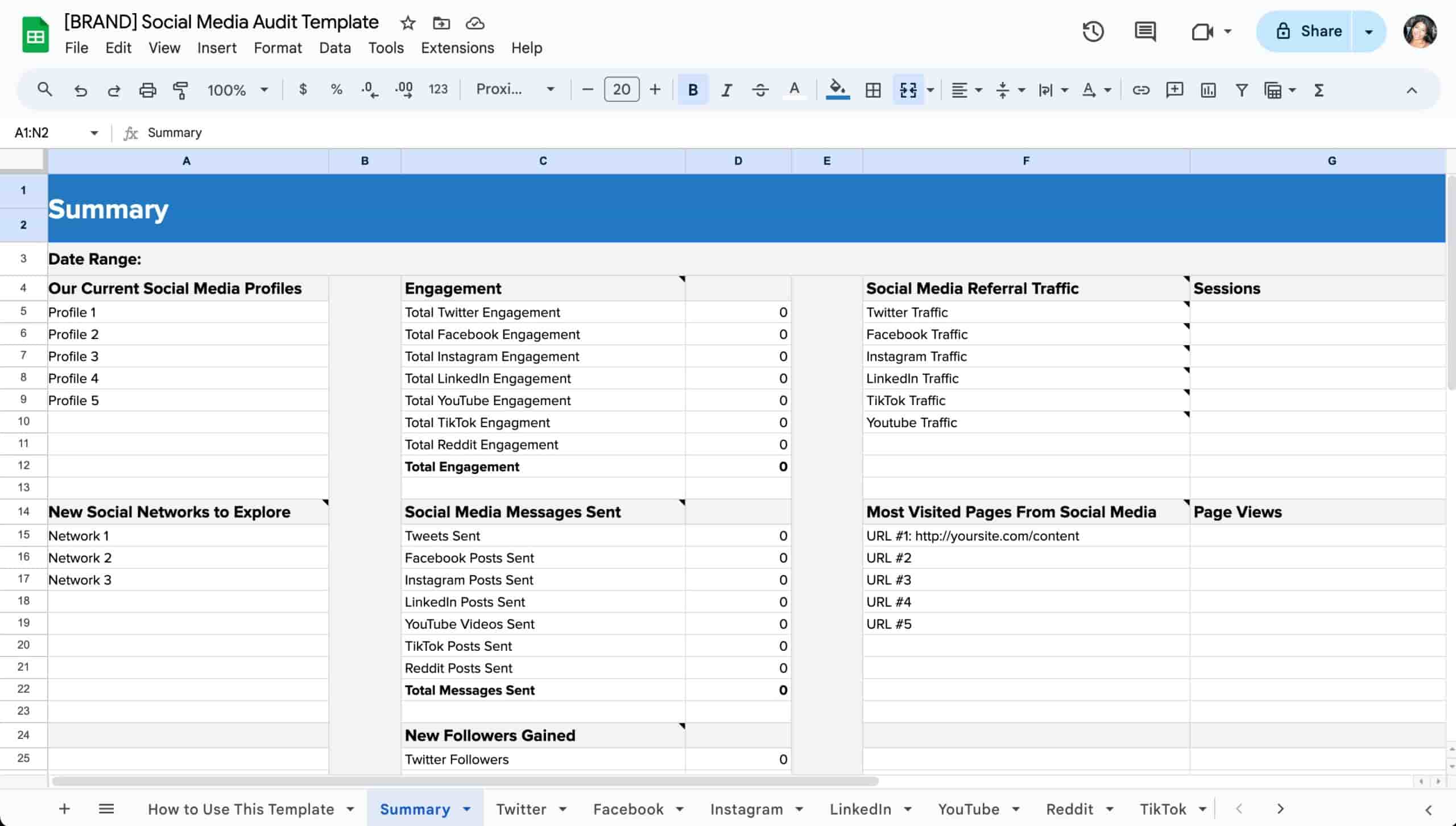 The social media audit template set up in Google Sheets.