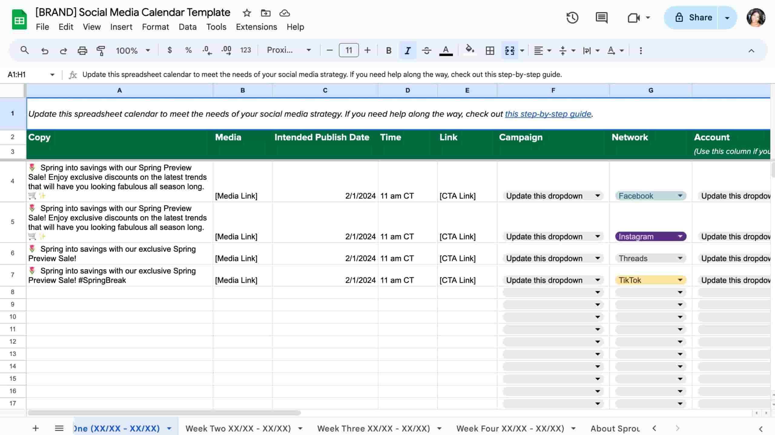 The social media calendar template open in Google Sheets.