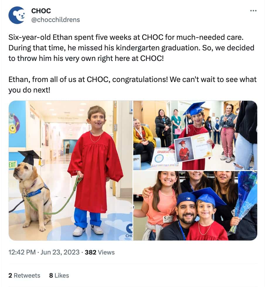 A screenshot of a Tweet from the Children's Hospital of Orange County (@CHOCChildrens). The Tweet says,
