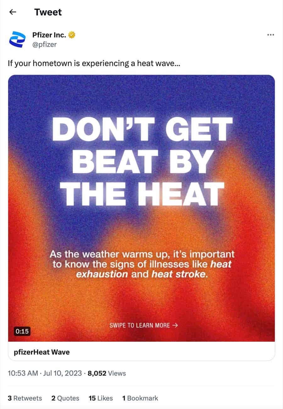 A screenshot of a Tweet from Pfizer, Inc. The Tweet says,