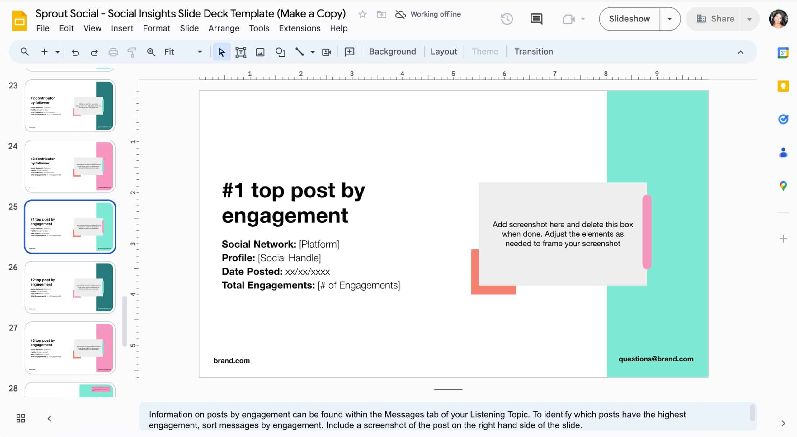 The social media listening insights deck open in Google Slides.