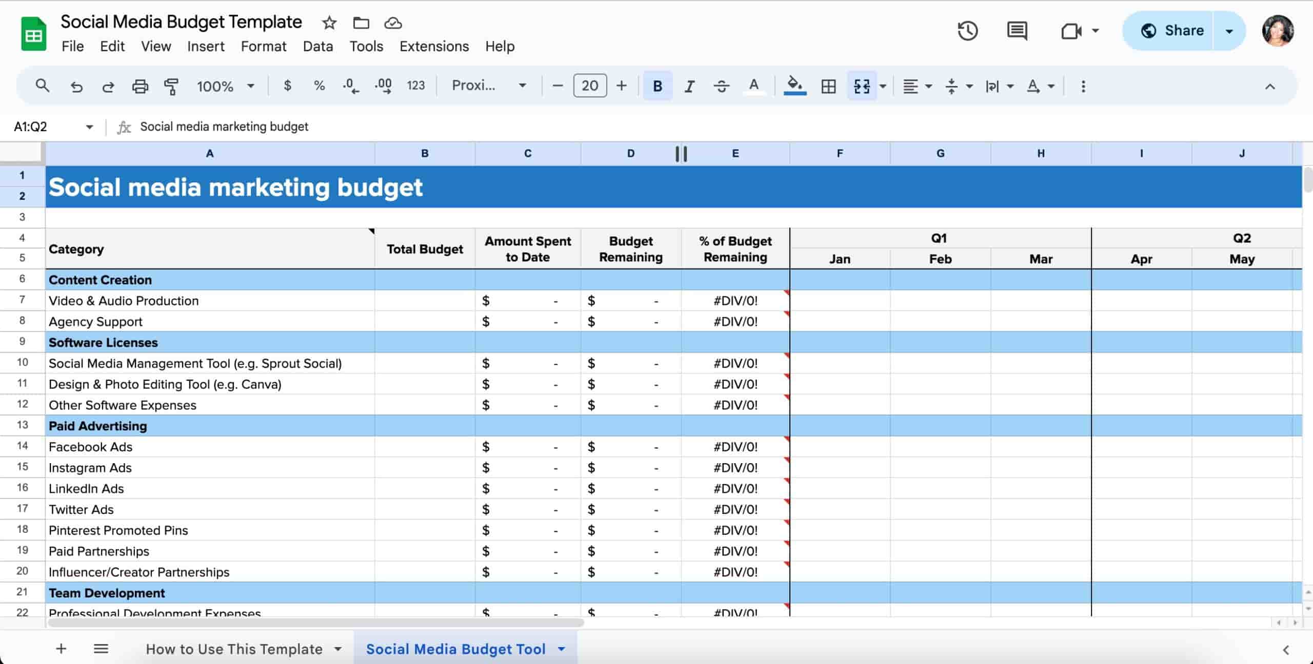 The social media marketing budget template open in Google Sheets.