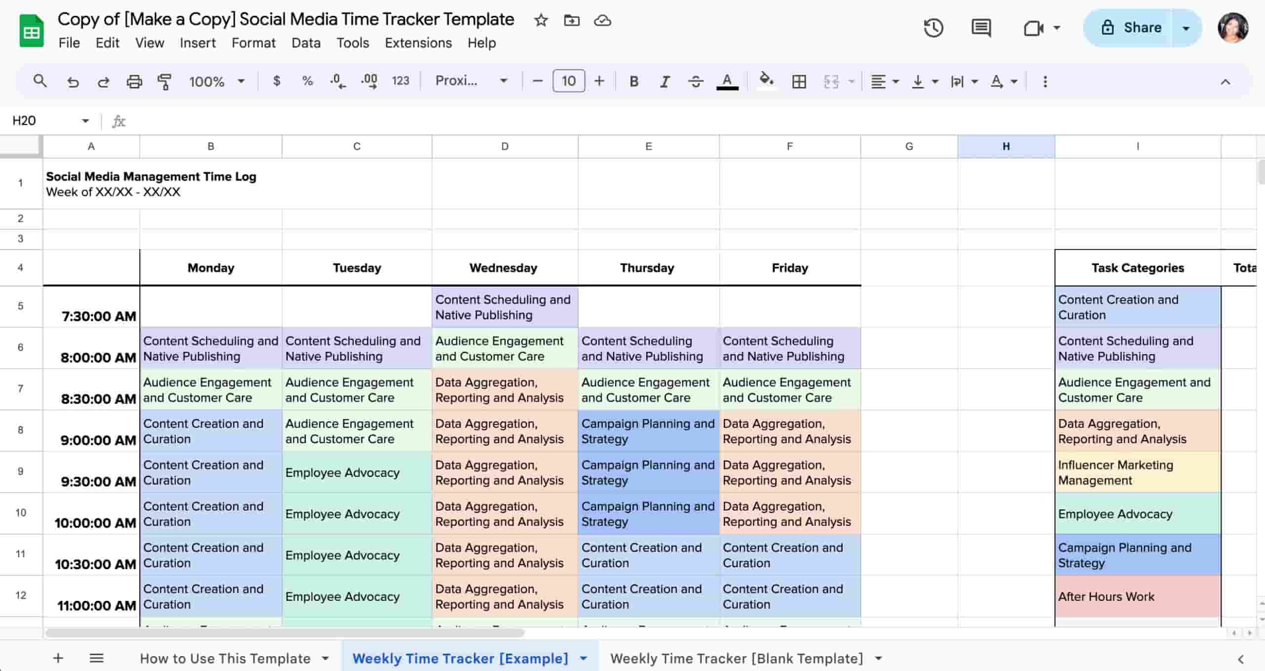 The social media time tracking template open in Google Sheets.