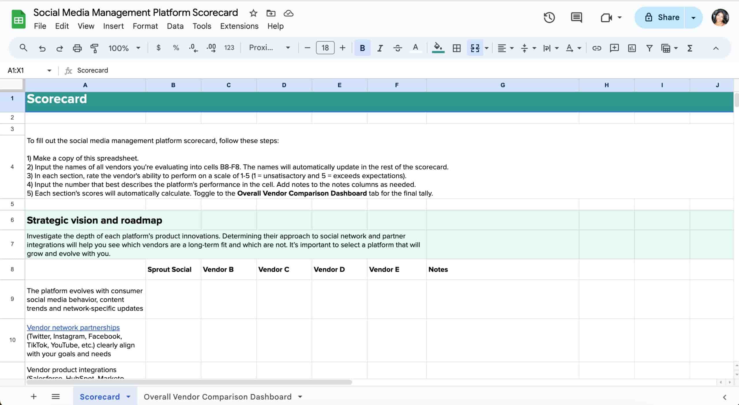 The social media scorecard open in Google Sheets.