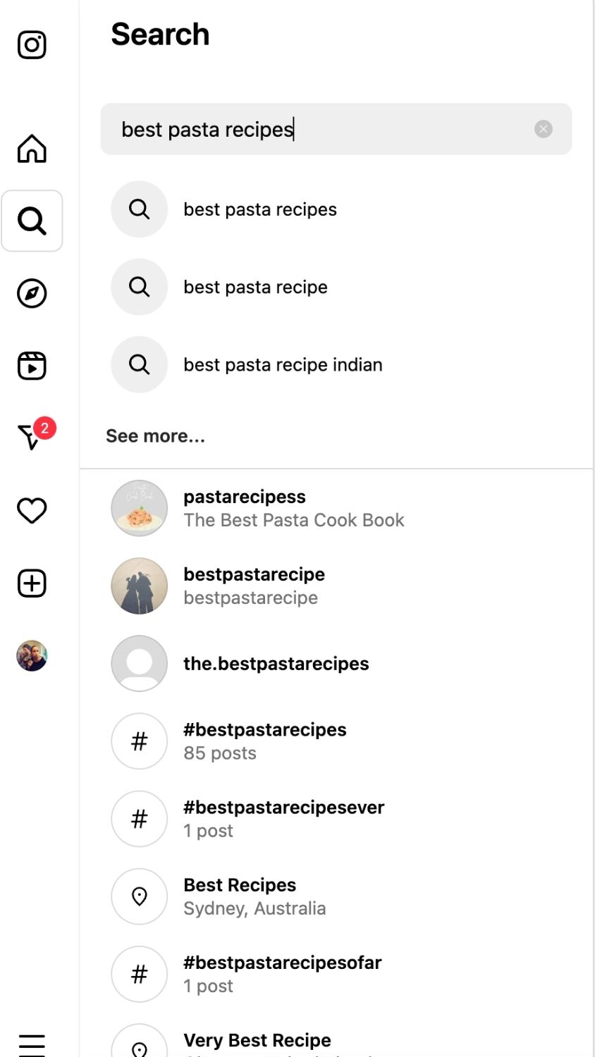 Instagram search results for “best pasta recipes” show suggested hashtags, profiles and search variations.