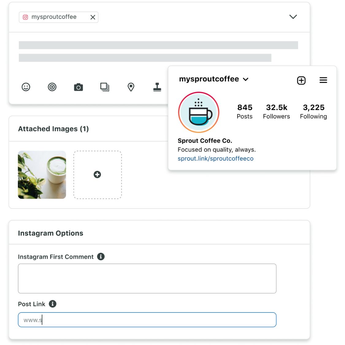 An Instagram post preview with a Link in Bio setup for directing users to a Sprout Coffee Co. URL from the account profile 
