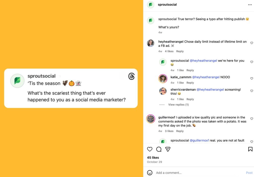 Sprout Social’s Instagram post asking social marketers to share their scariest work moments, with humorous replies in the comments.
