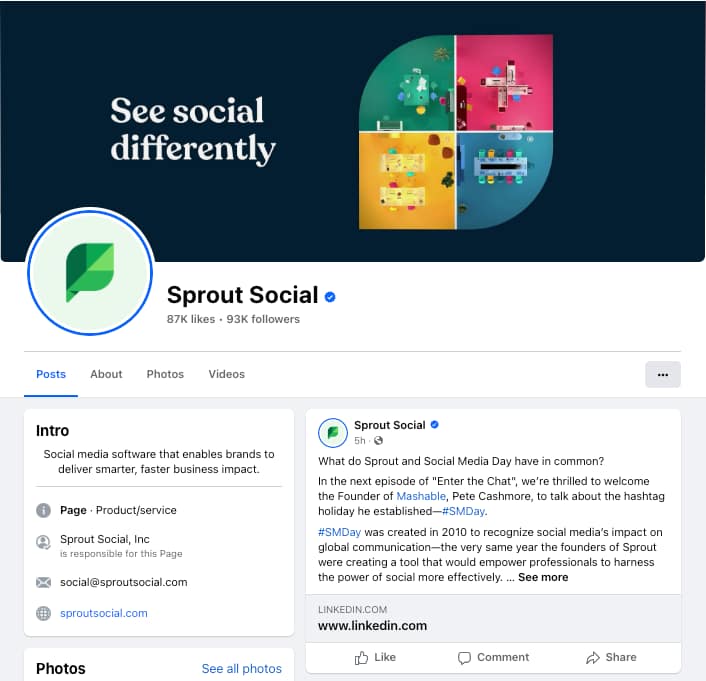 Sprout Social's Facebook page, including the cover photo, profile image, intro section with contact information, and the most recent Facebook post.