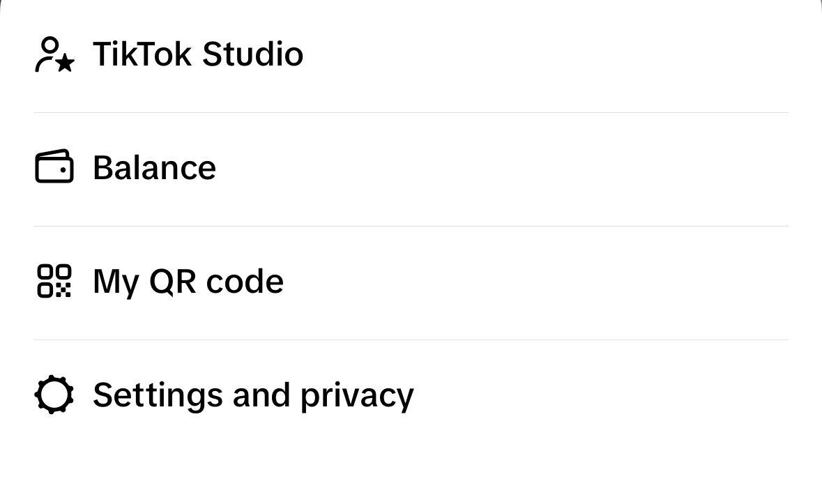 A menu in TikTok with the TikTok Studio tab located at the top.