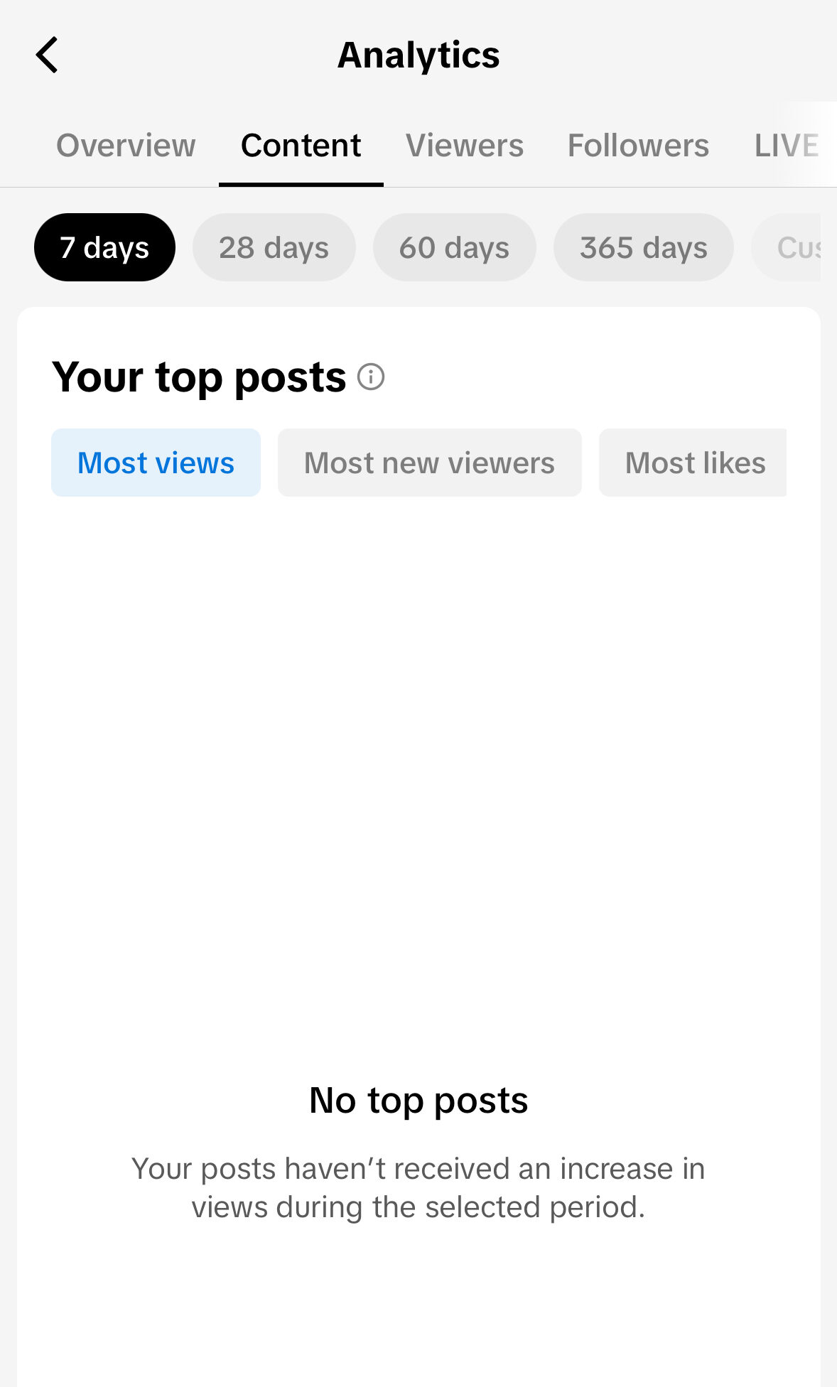 Top post by most views, new viewers and likes in TikTok native analytics.