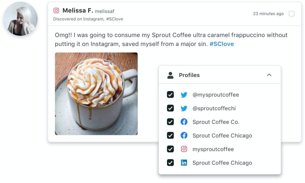 Sprout Social’s Smart Inbox showing an Instagram post from a customer, alongside a profiles menu displaying connected brand accounts.