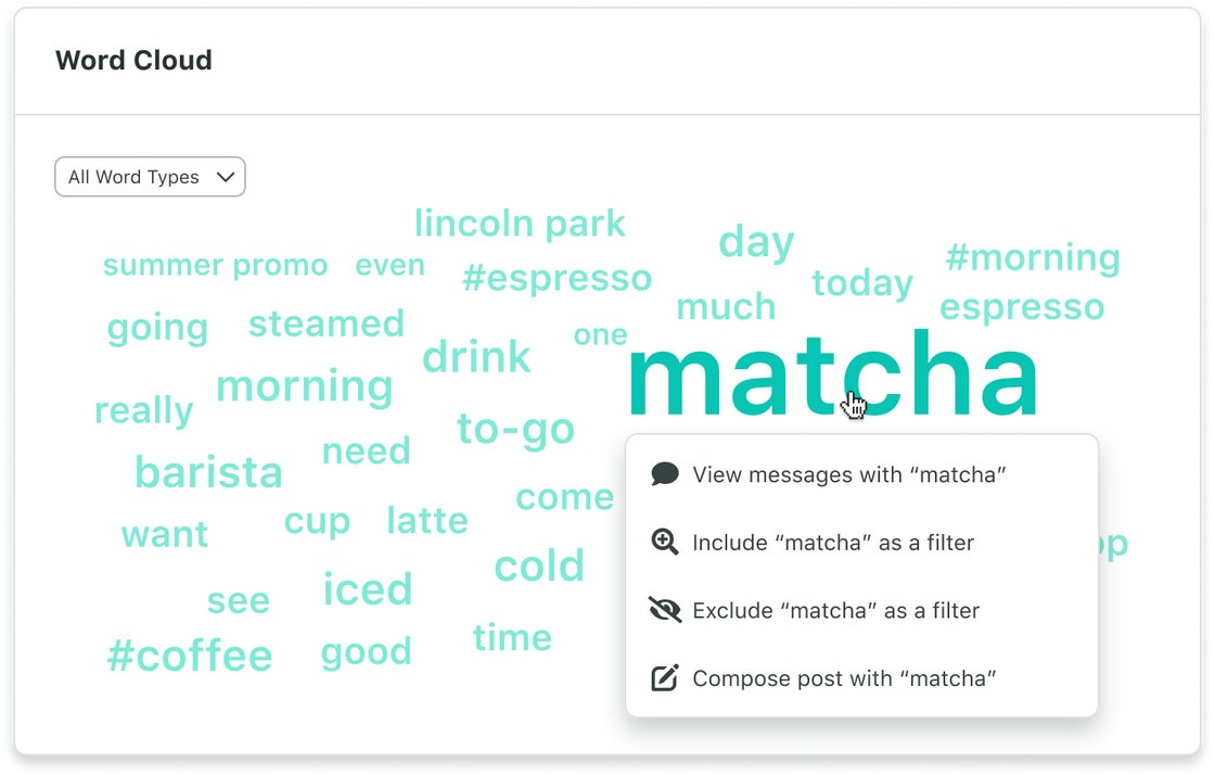 prout’s word cloud shows social listening data for “matcha,” including “drink,” “to-go,” “morning” and “espresso.”