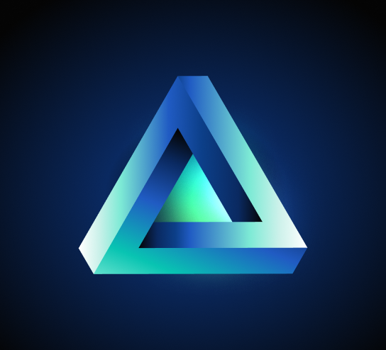 Un triángulo resplandeciente en tonos de verde azulado y azul, contra un fondo oscuro. Representa el valor de la empresa Sprout Social: "Cambia el juego."